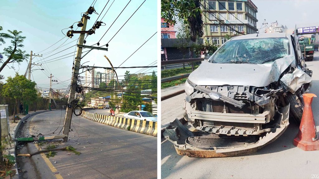 ललितपुरमा भयानक कार दुर्घटना,  ११ हजार भोल्ट प्रवाह हुने बिजुलीको पोल भाँचिएर सडकमा पुग्यो, ३ जना घाइते